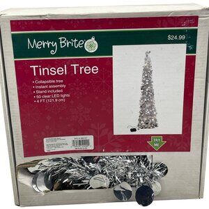 Merry Brite Tinsel tree silver color 50 LED lights 4' Christmas decor READ NEW